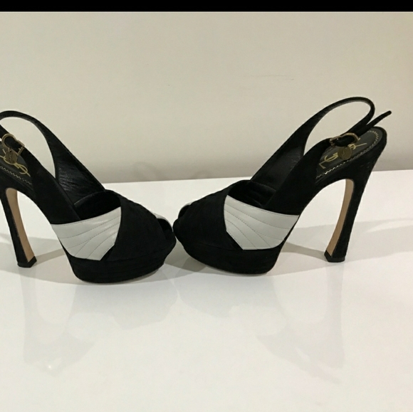 AUTH YSL SAINT LAURENT BLACK WHITE HEELS - Picture 2 of 5